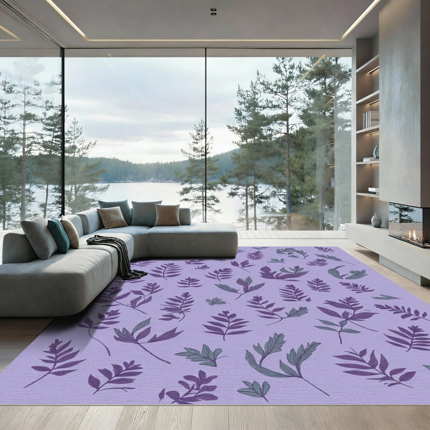 Purple Green Leafy Botanical Pattern Rug