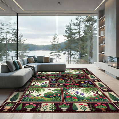 Dark Botanical Narrative Garden Quilt Rug