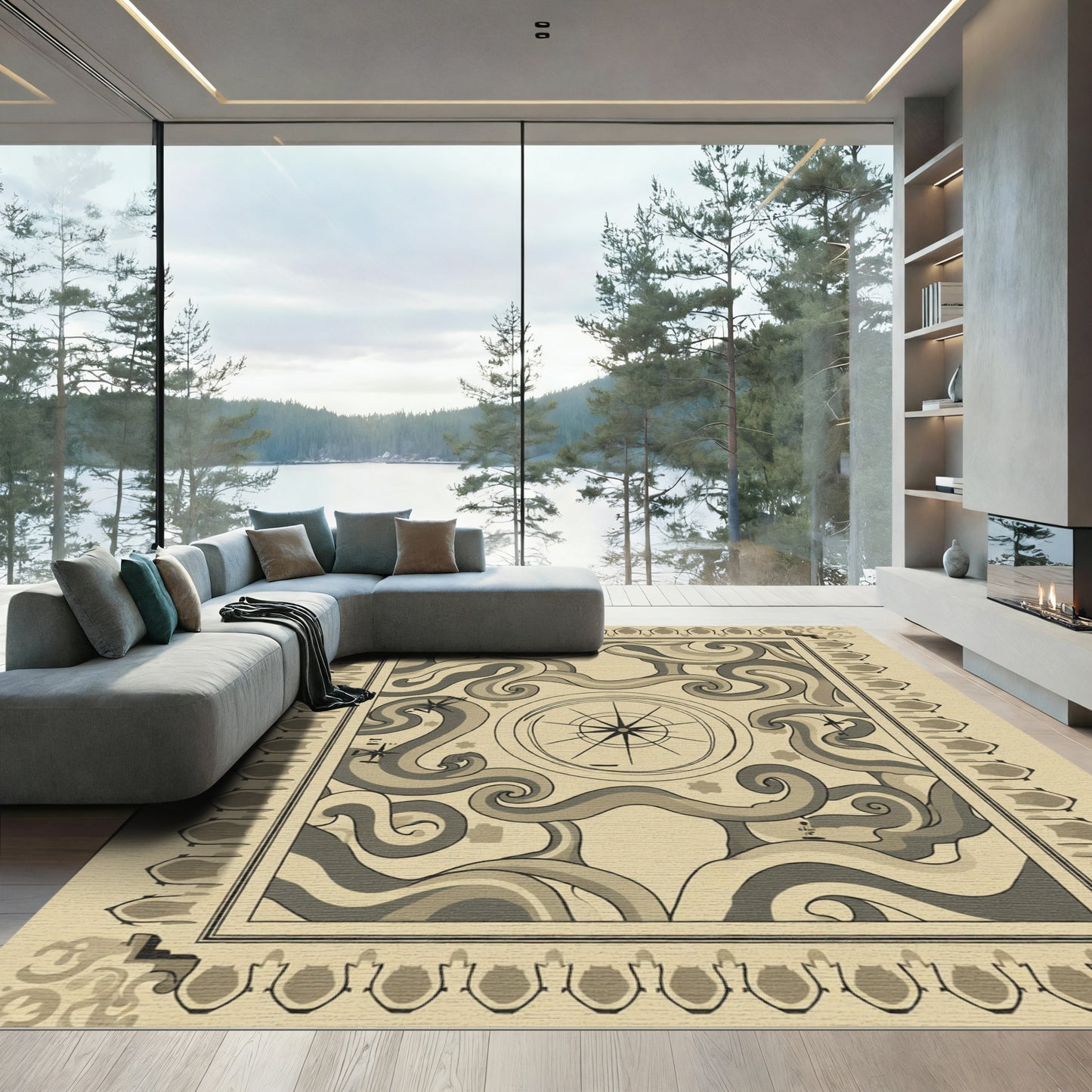 Nautical Compass Swirls Earth Tones Rug