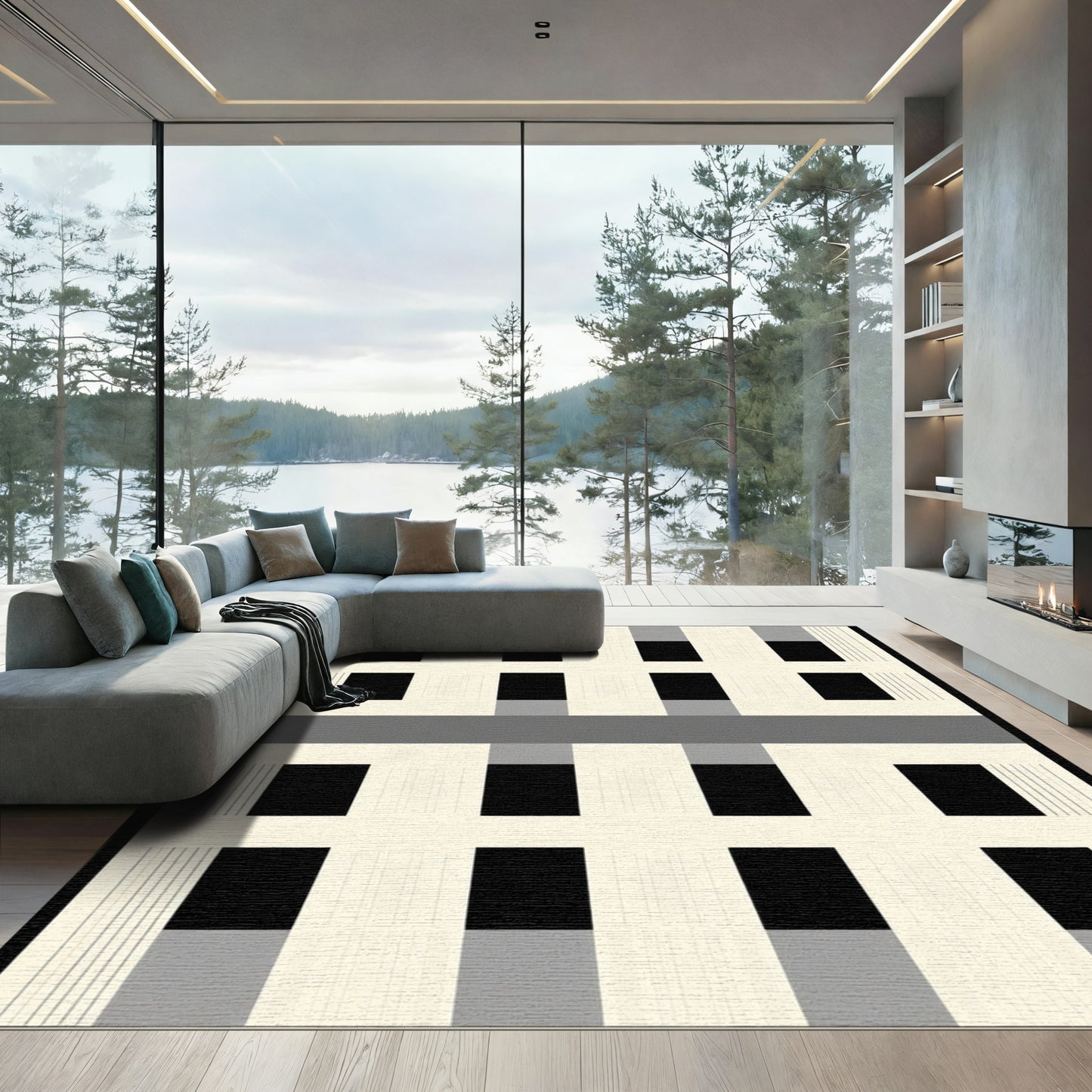 Cream Black Gray Plaid Grid Squares Rug