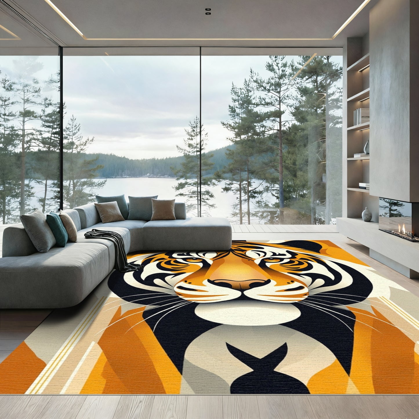 Bold Orange Tiger Face Art Rug