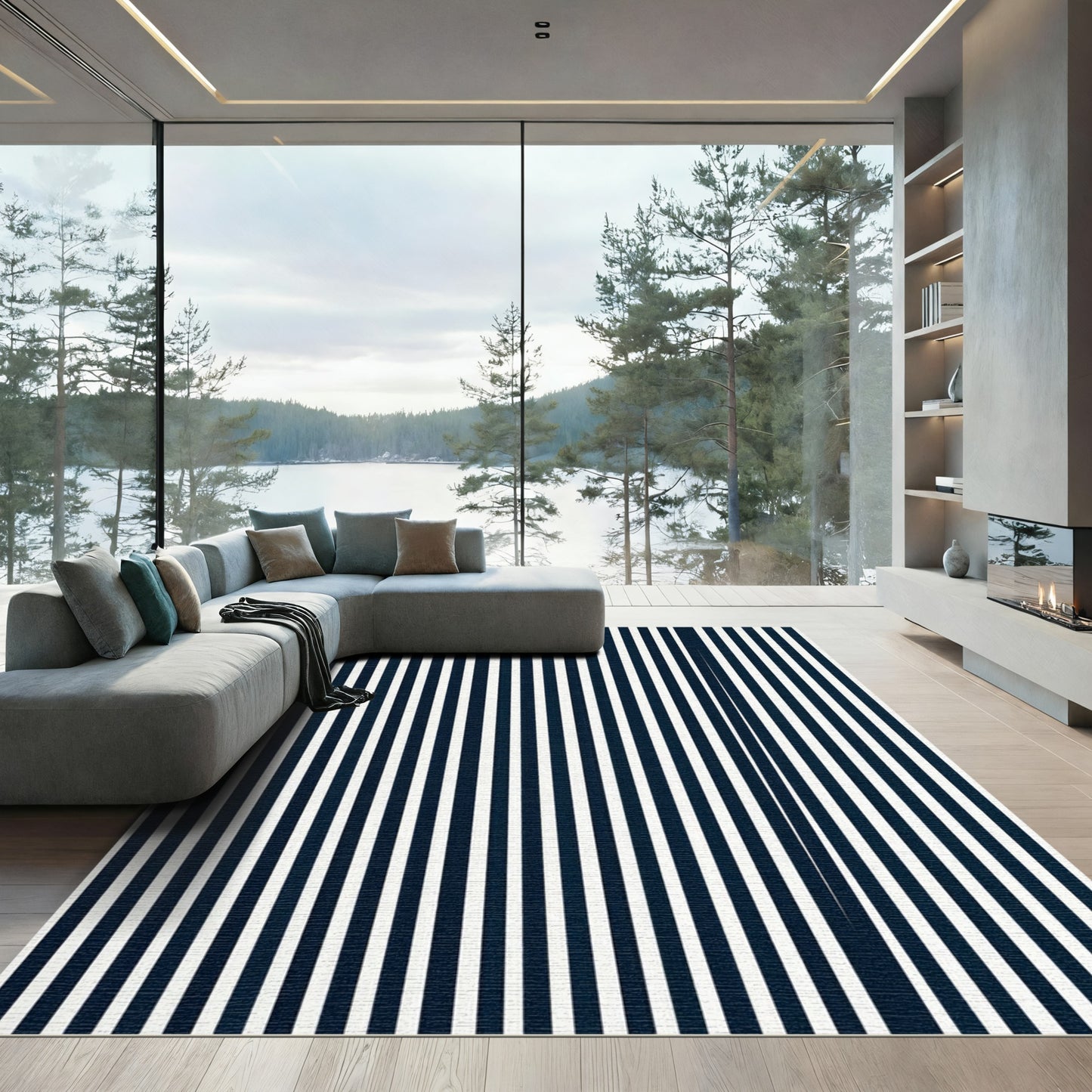 Deep Blue White Stripe Composition Rug