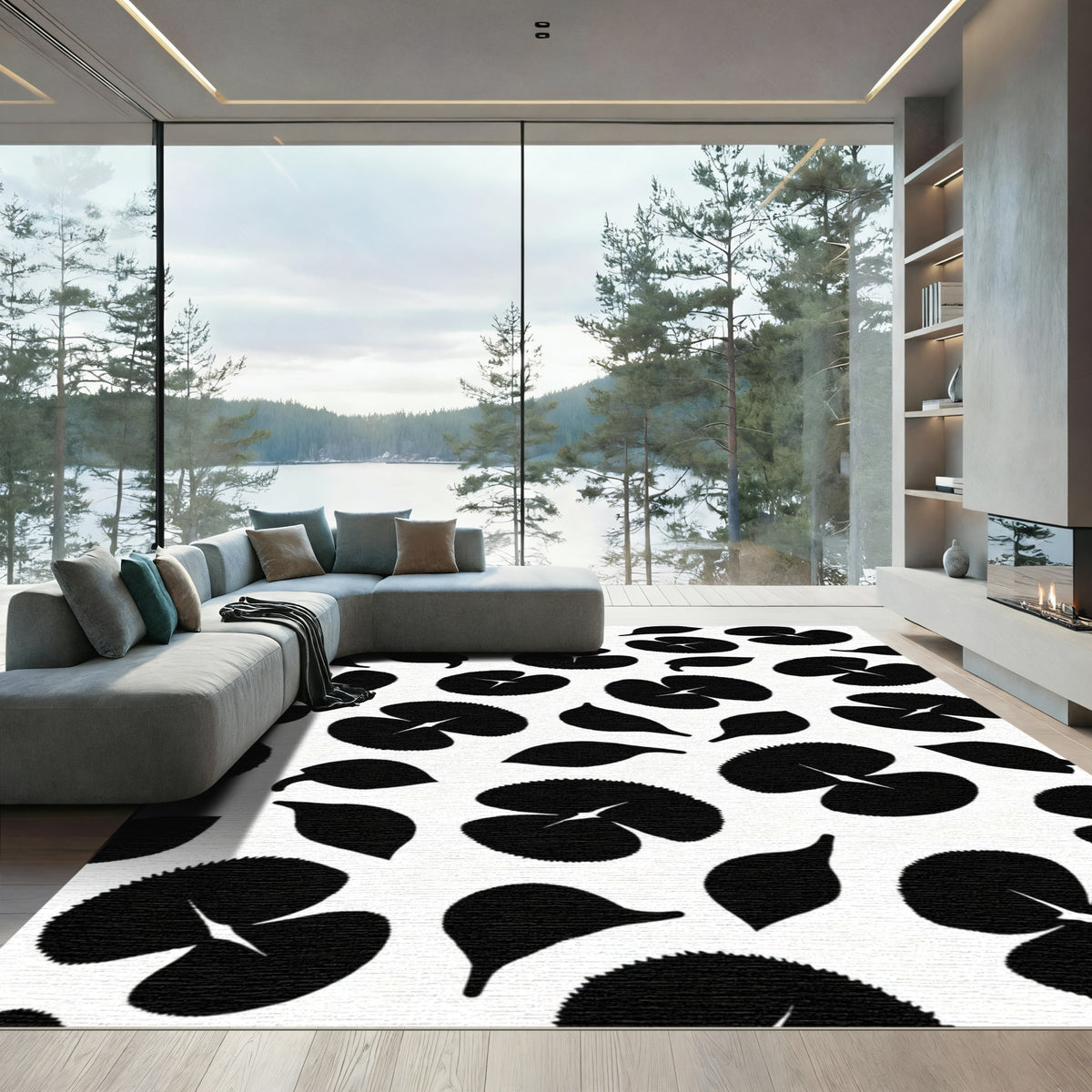 Black Lotus Leaf Silhouette Arrangement Rug