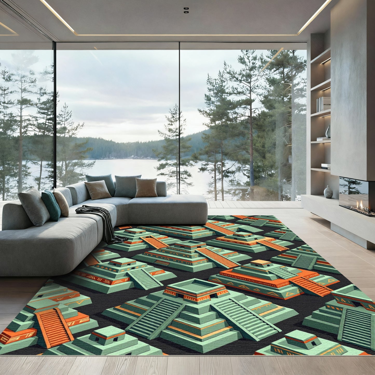 Green Orange stepped temple tessellation Rug