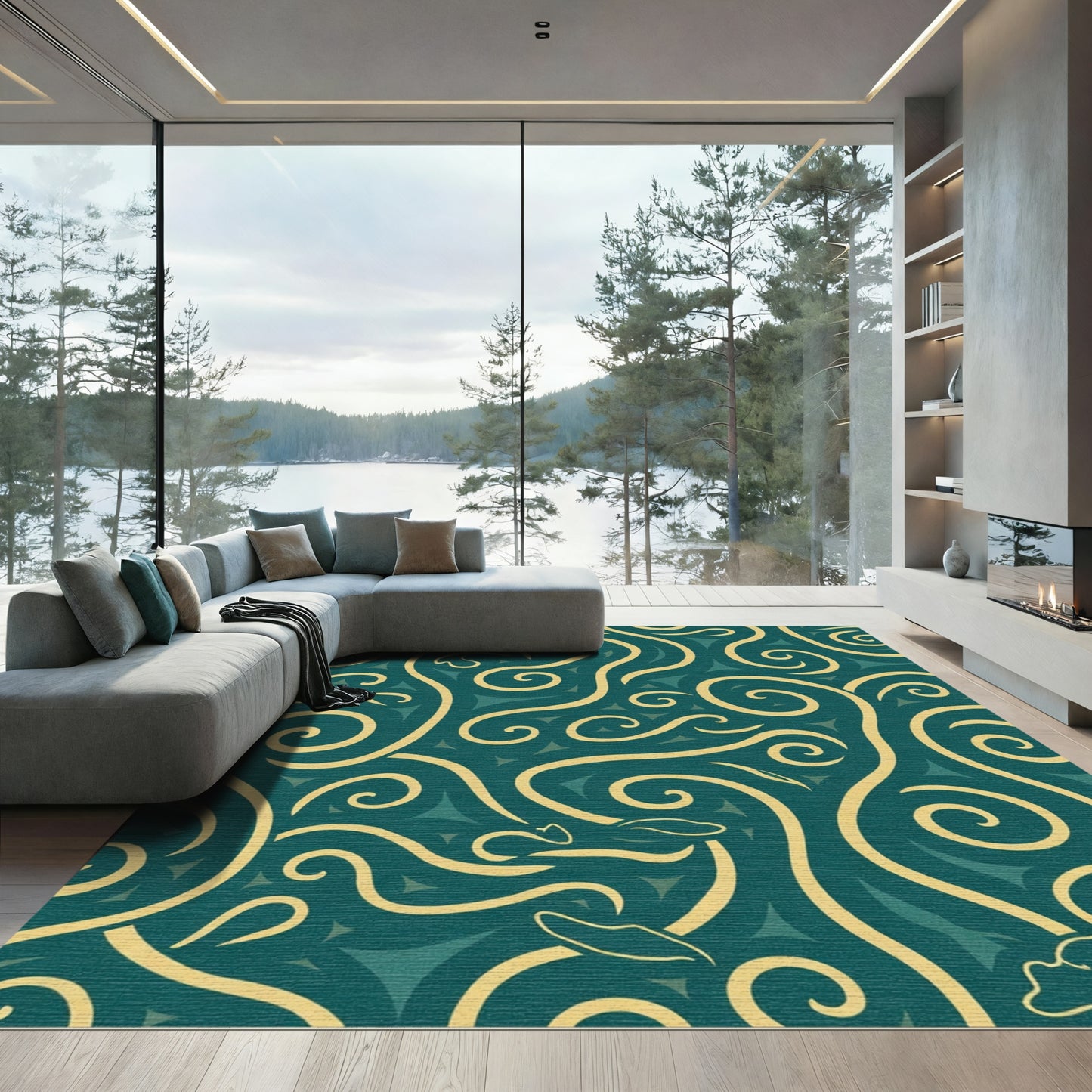 Teal and Gold Swirling Vine Motif Rug