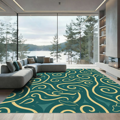 Teal and Gold Swirling Vine Motif Rug