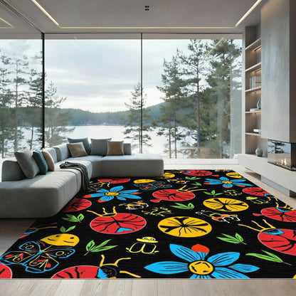 Whimsical Red Yellow Blue Insects Flowers Rug
