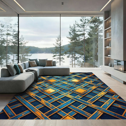 Golden Lattice Geometric Navy Area Rug