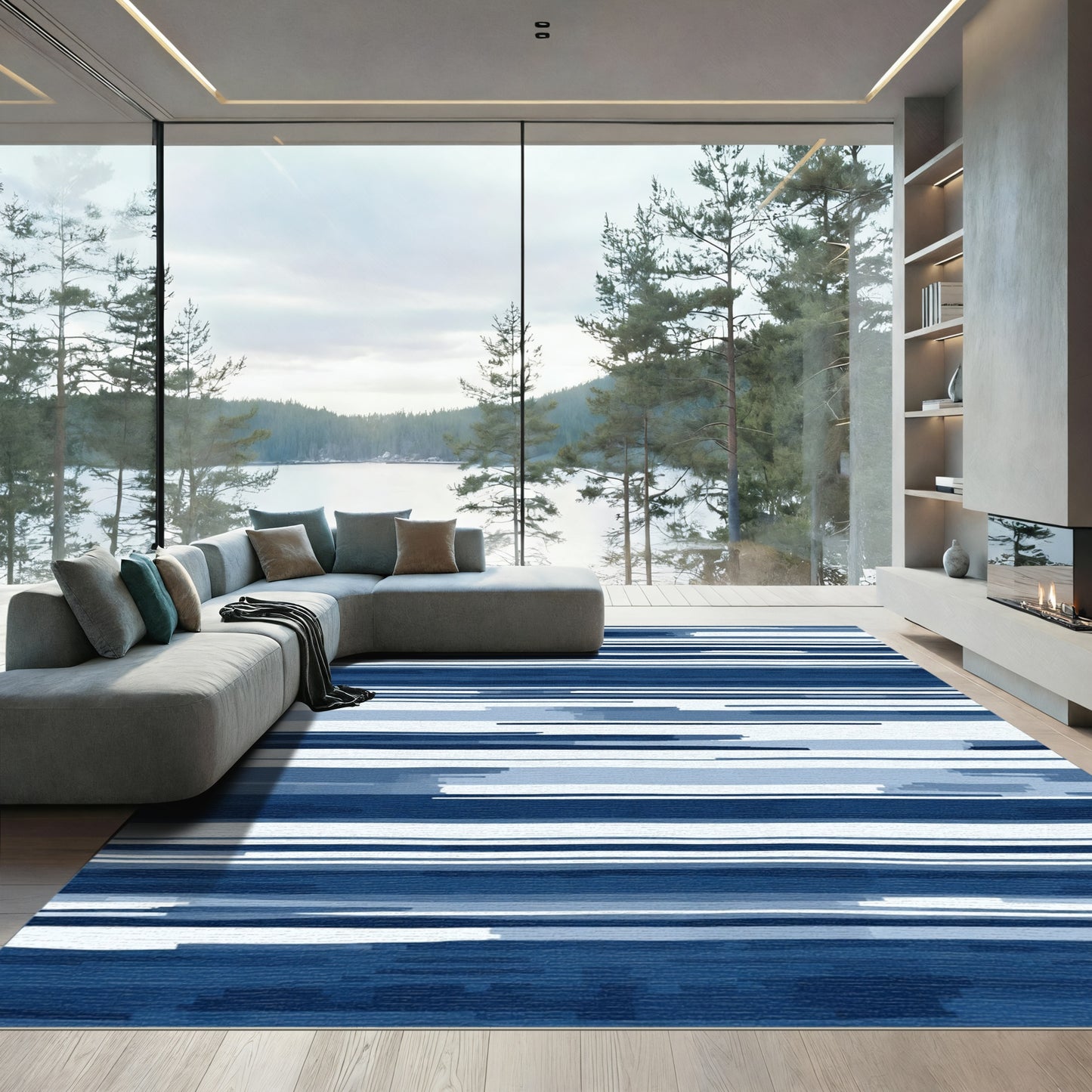 Deep Blue Abstract Stripe Rug