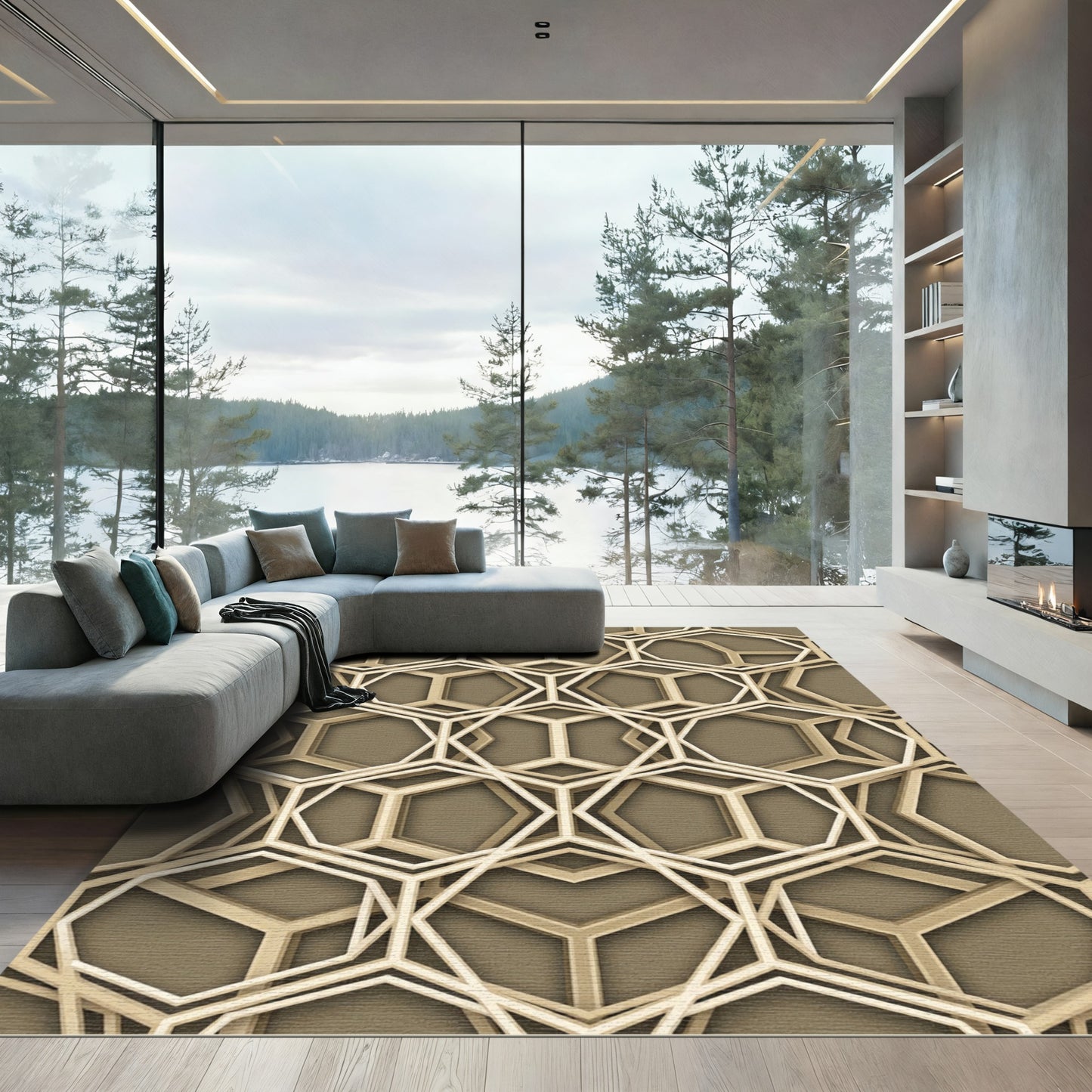 Sophisticated Golden Geometric Hexagonal Lattice Rug