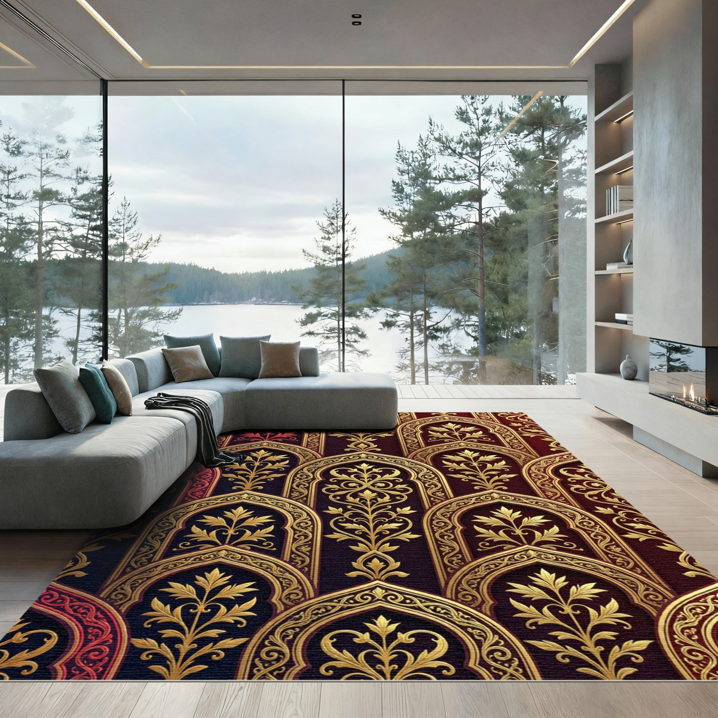 Ornate Gold Archway Red Floral Rug
