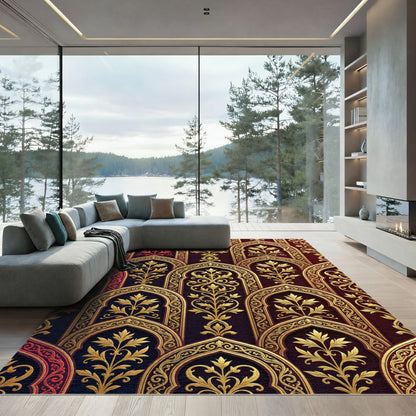 Ornate Gold Archway Red Floral Rug