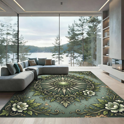 Sage Green Radiant Sun Floral Engraving Rug