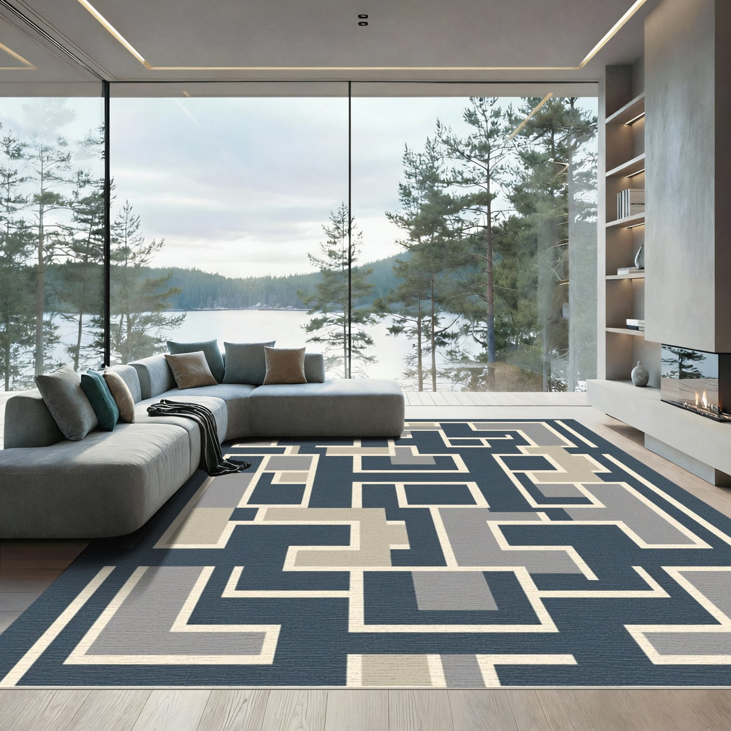 Abstract Geometric Maze Navy Rug