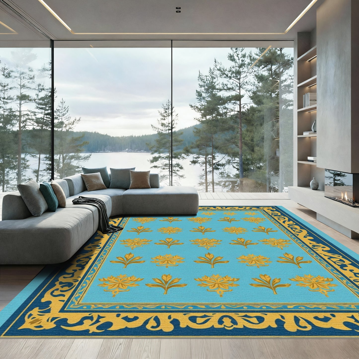Aqua And Gold Floral Vine Border Rug