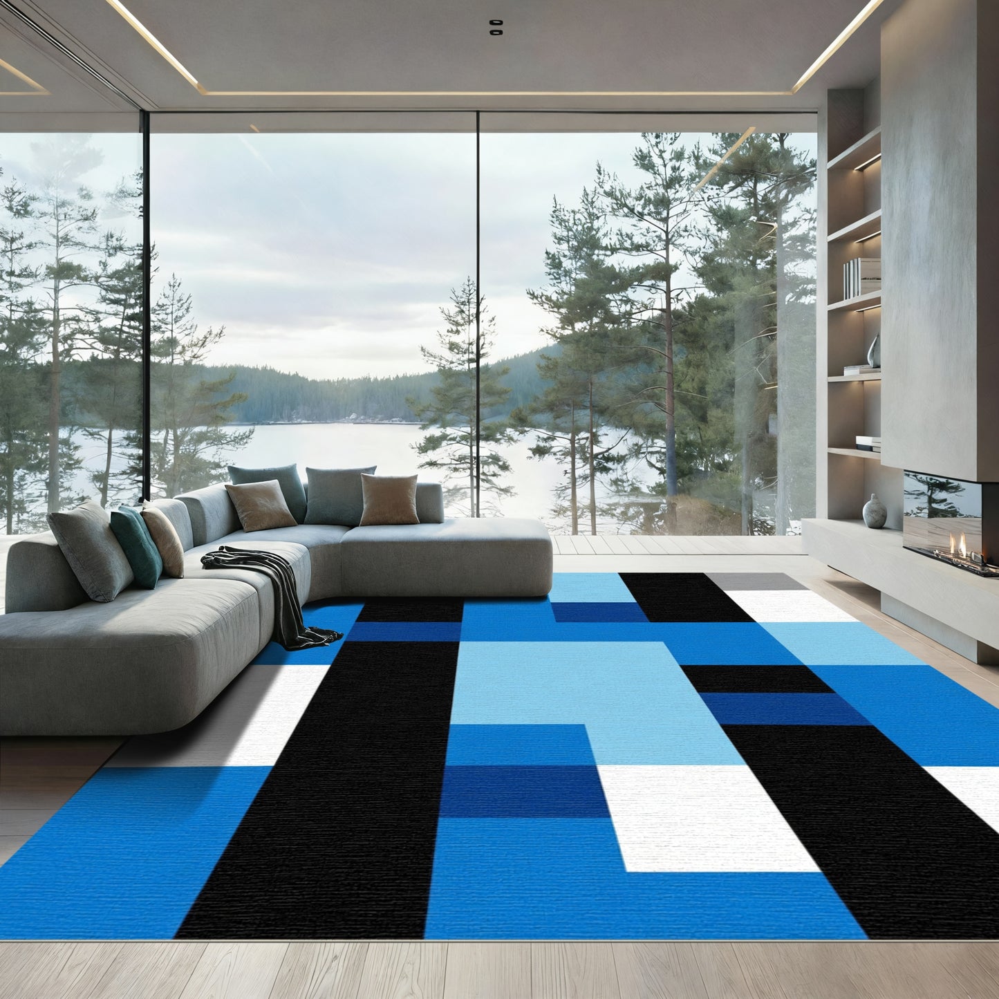Modern Abstract Blue Geometric Shapes Rug
