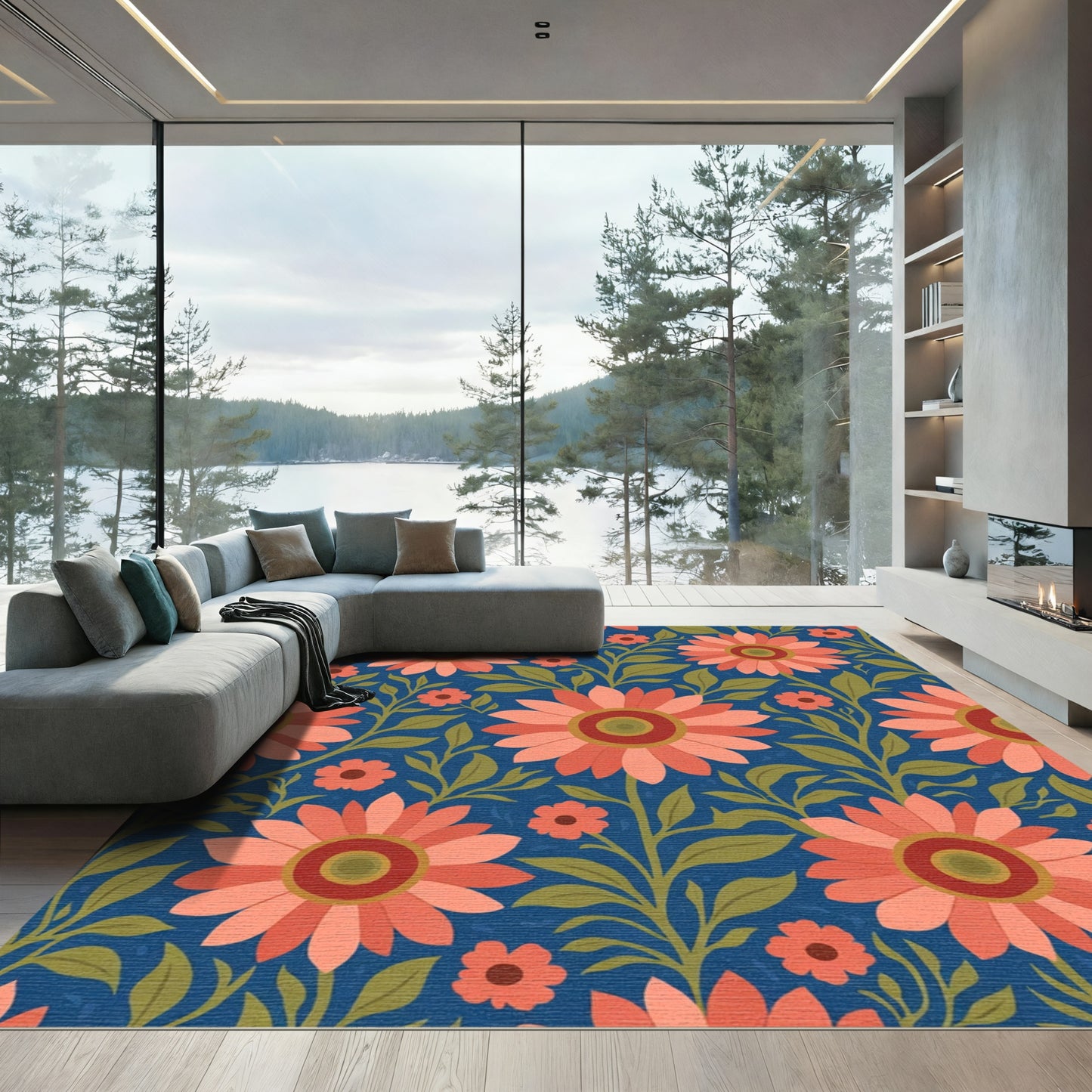Coral Sunflower Vine Navy Rug
