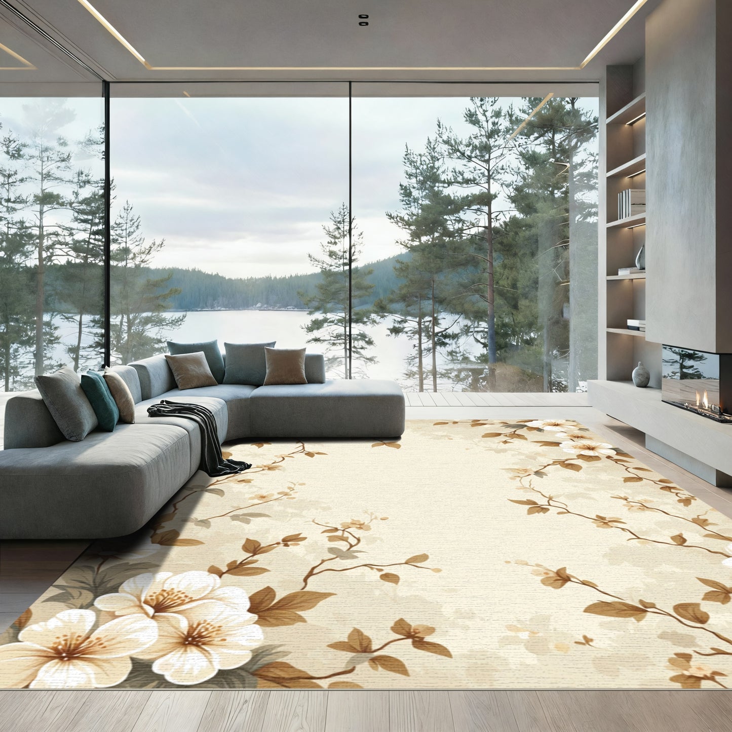 Cream Elegant Floral Branch Arrangement Rug