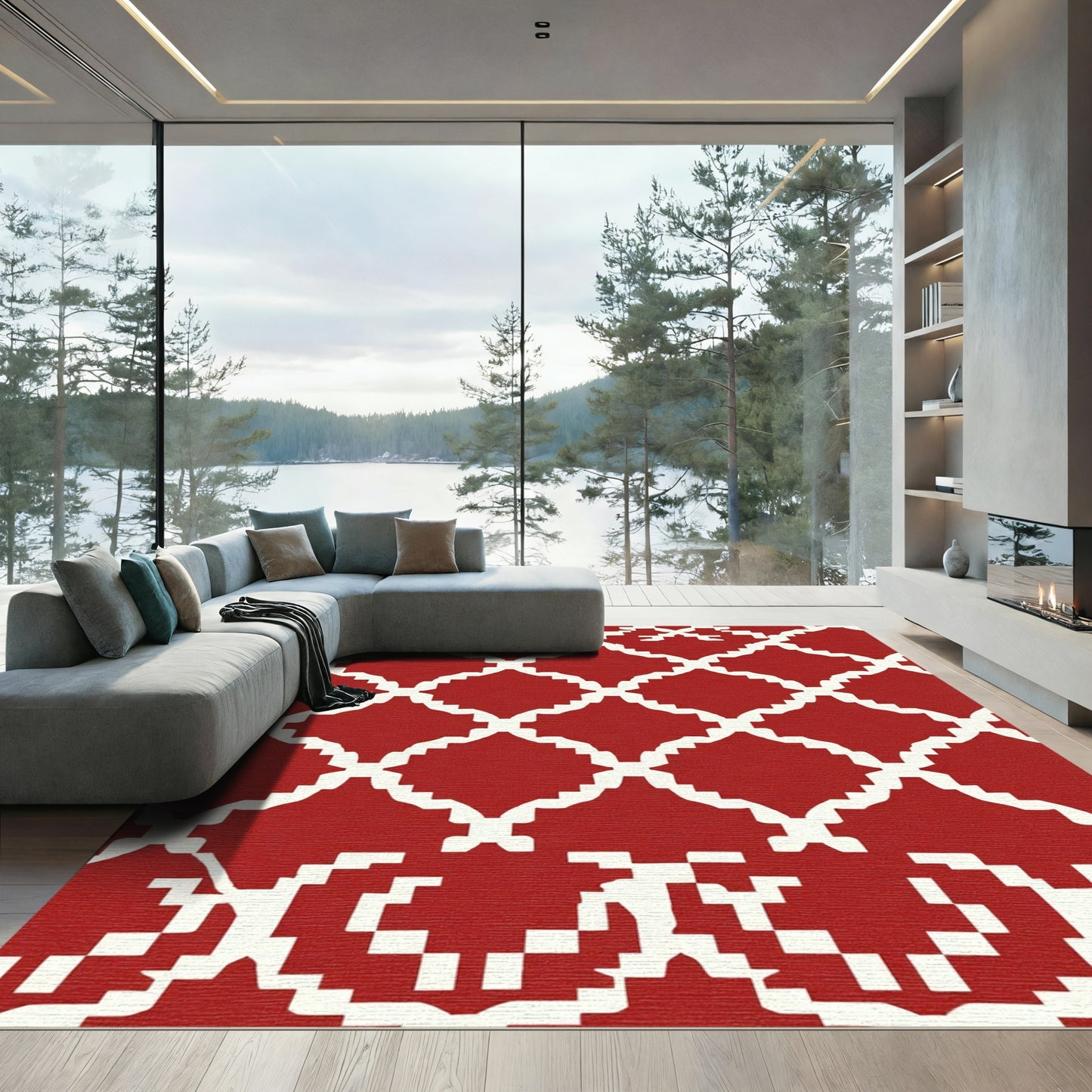 Crimson Lattice Arabesque Geometric Rug