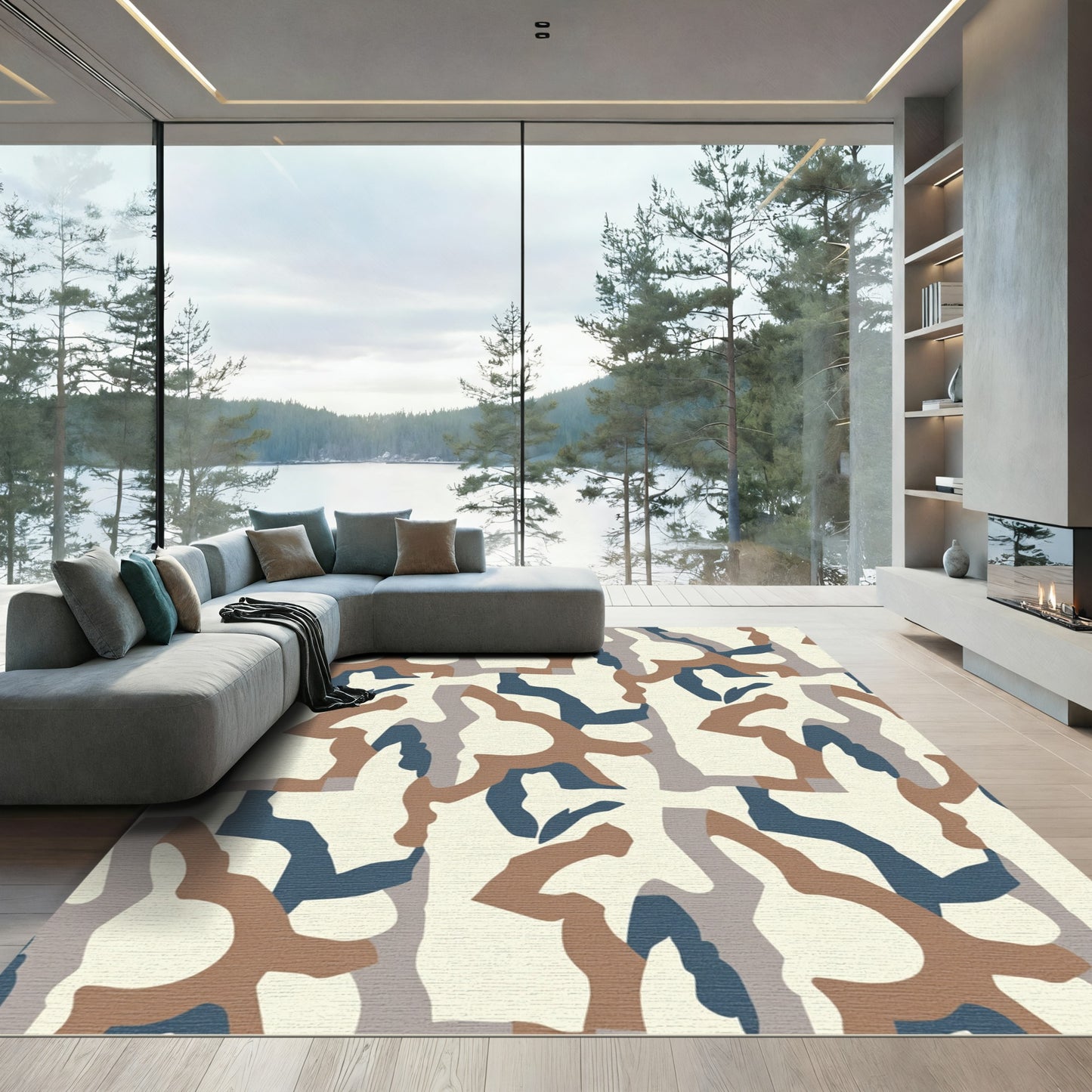 Earthy Woodland Camouflage Abstract Blocks Rug