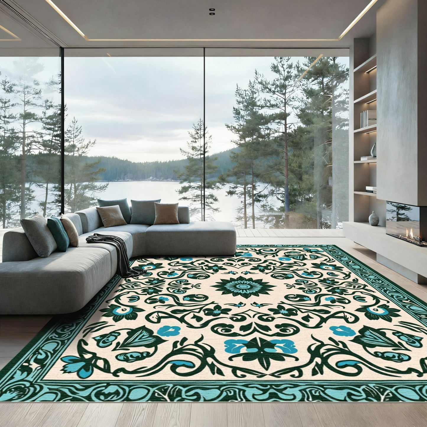 Teal Teal Floral Vine Medallion Rug