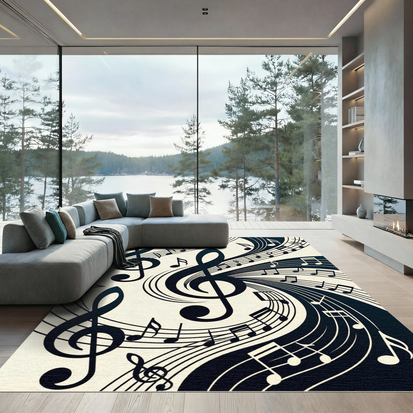 Elegant Black and White Musical Swirls Rug