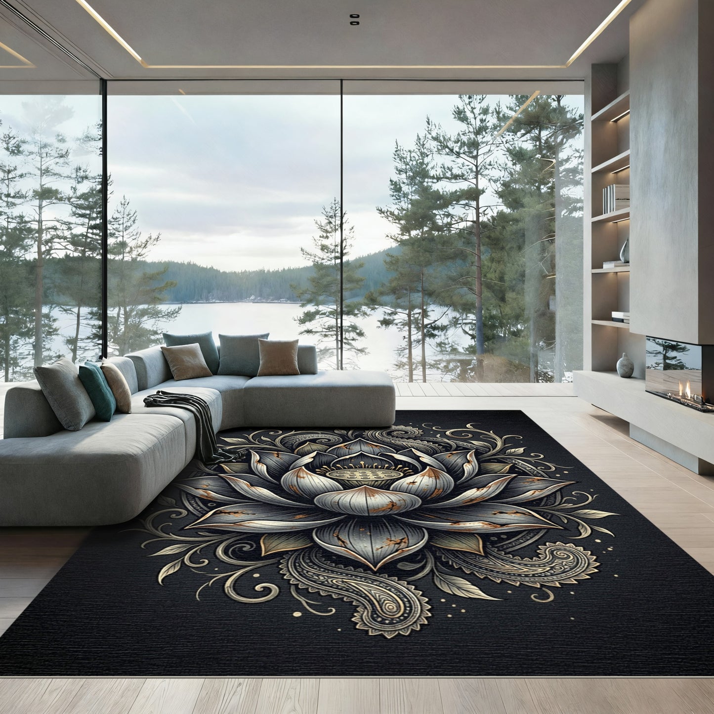 Distressed Metallic Grey Lotus Floral Art Rug
