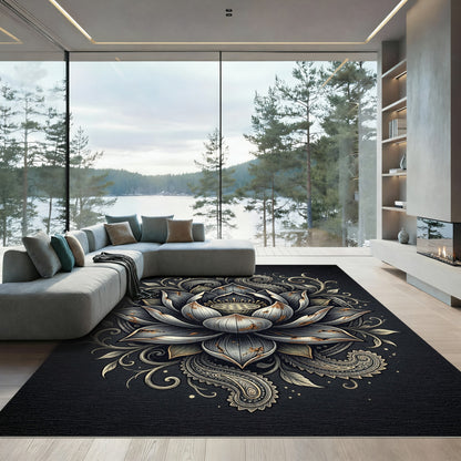 Distressed Metallic Grey Lotus Floral Art Rug