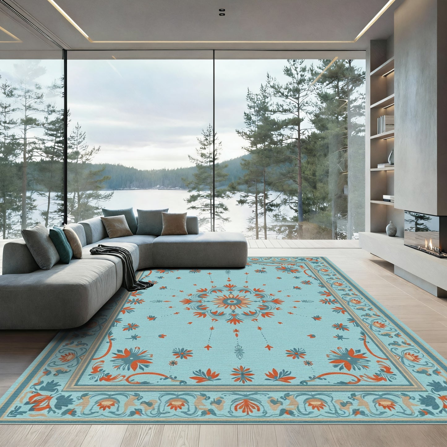 Aqua Orange Floral Medallion Border Rug