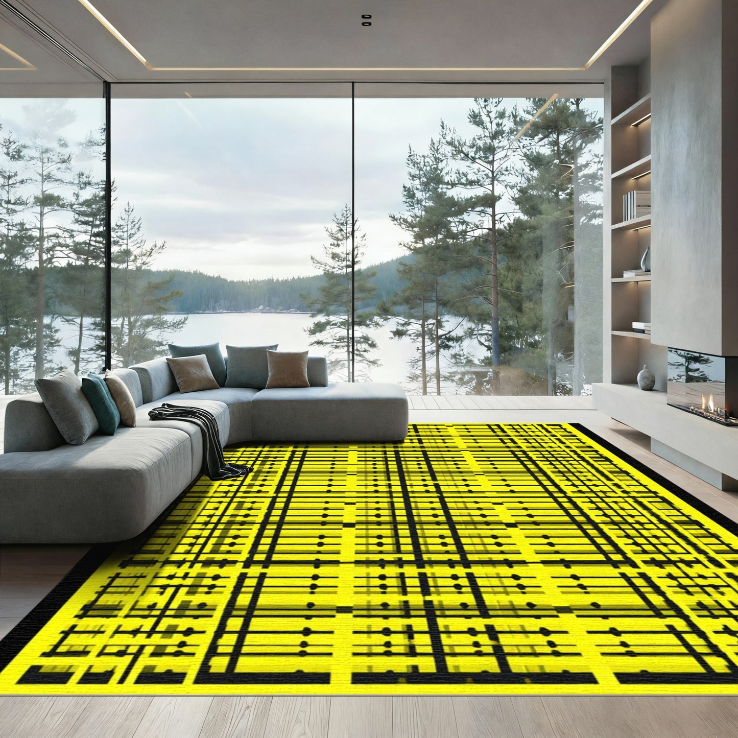 Geometric Black Lines Yellow Grid Rug