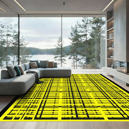 Geometric Black Lines Yellow Grid Rug