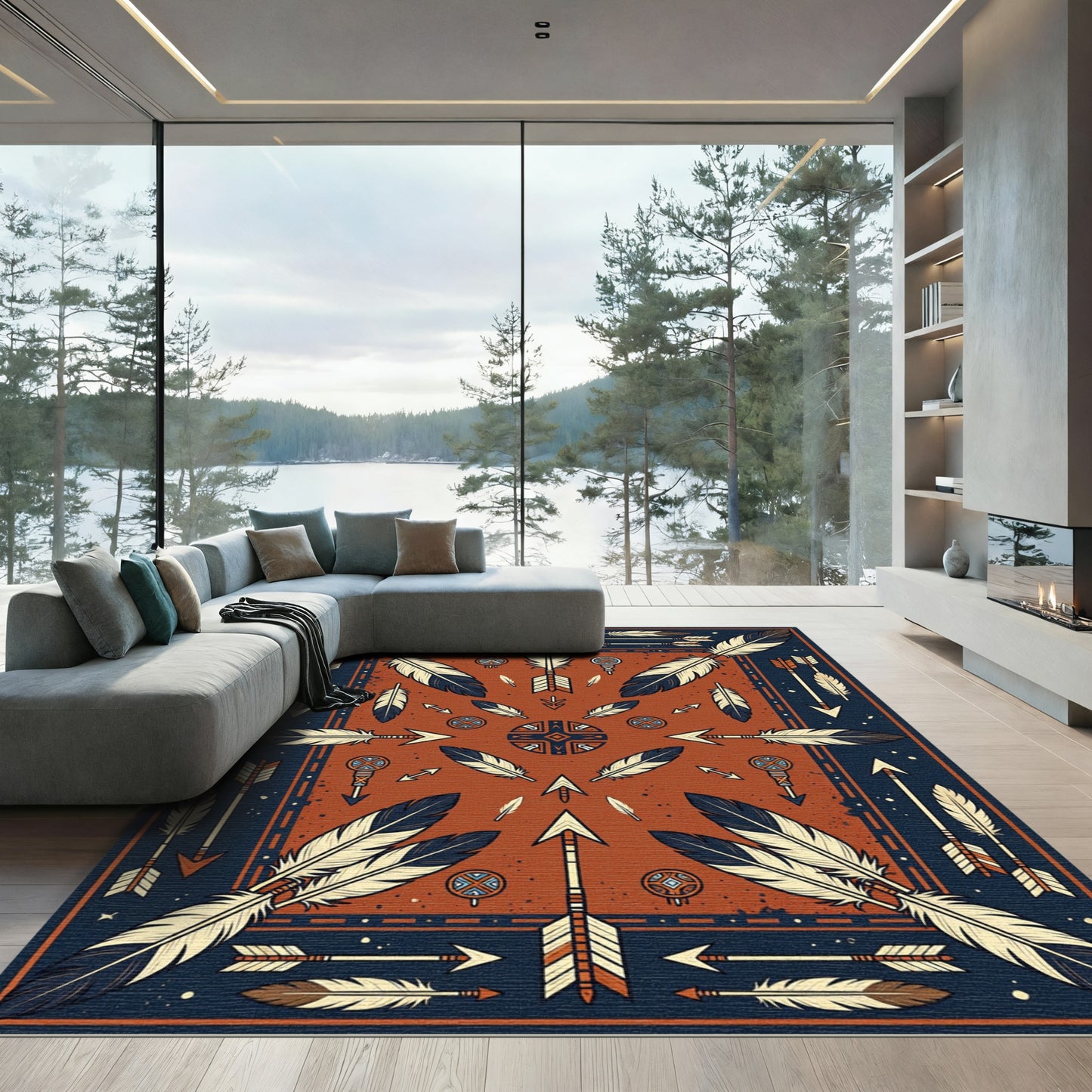 Earthy Terracotta Feather and Arrow Decor Rug