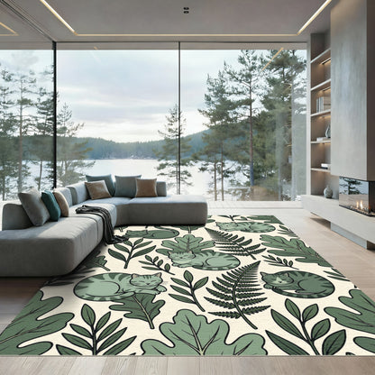 Whimsical Mint Green Cat Foliage Rug