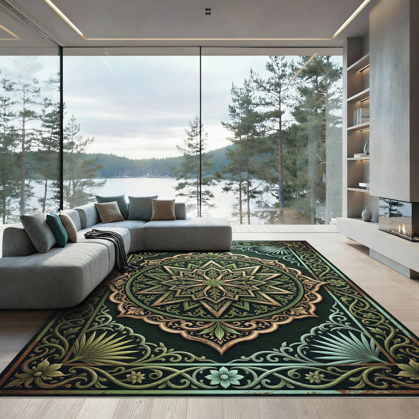 Elegant Green Gold Starburst Medallion Rug