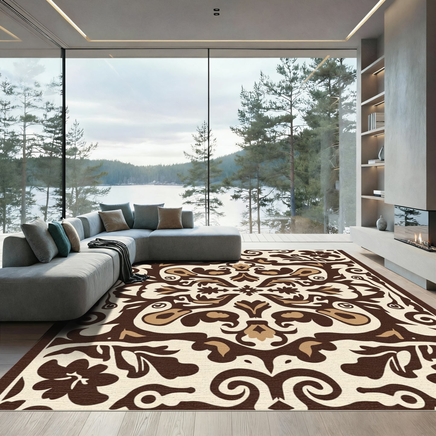 Earthy Floral Scrollwork Inlay Rug