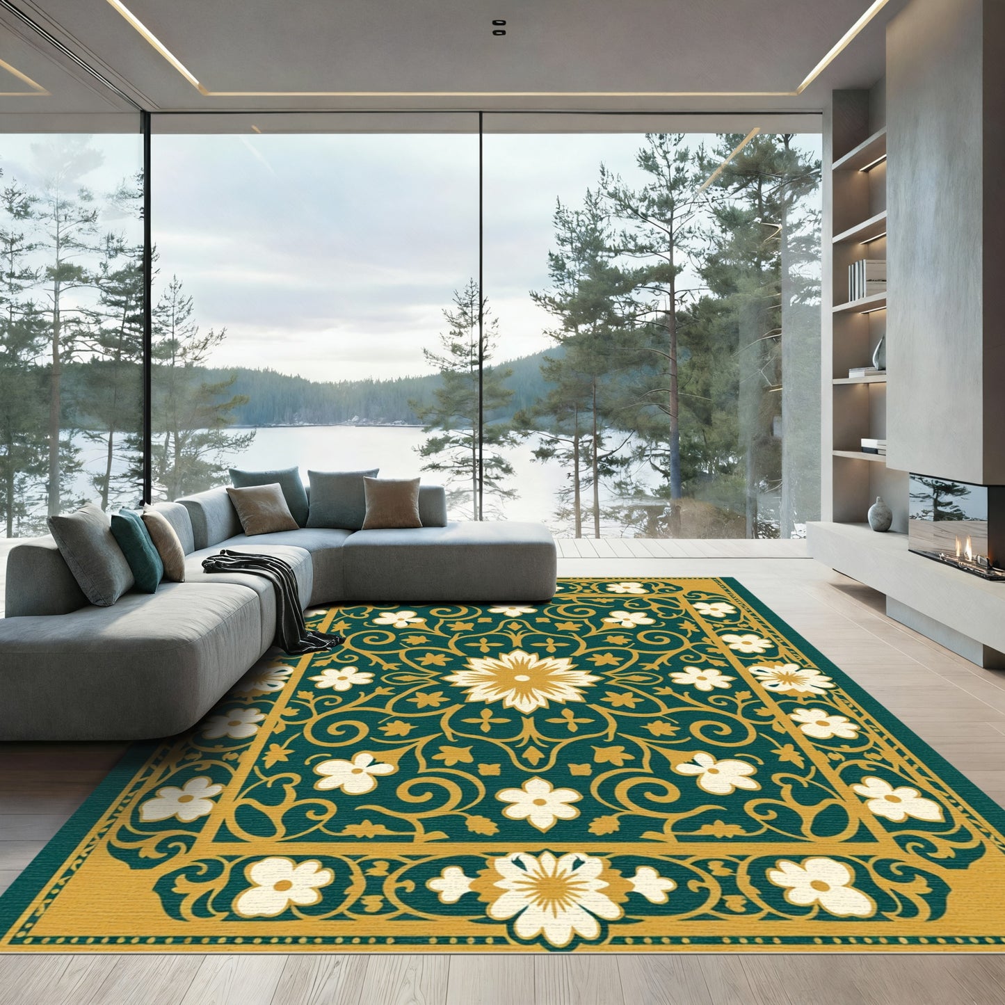 Teal and Gold Floral Medallion Rug