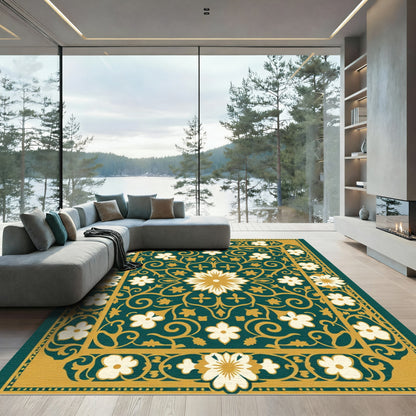 Teal and Gold Floral Medallion Rug