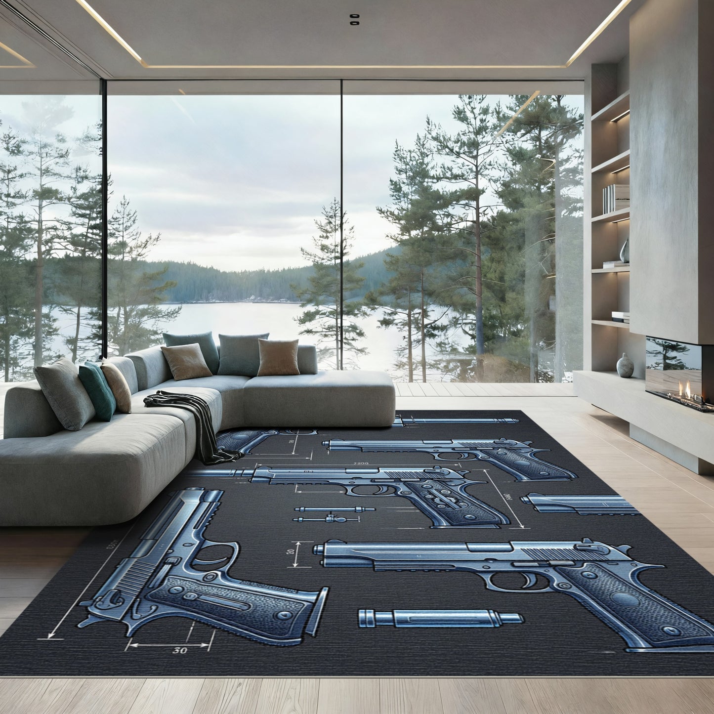 Technical Blueprint Metallic Firearm Art Rug