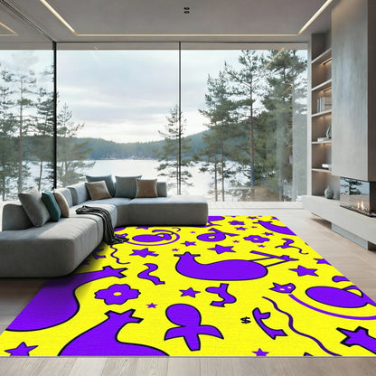 Whimsical Purple Abstract Shapes Yellow Rug