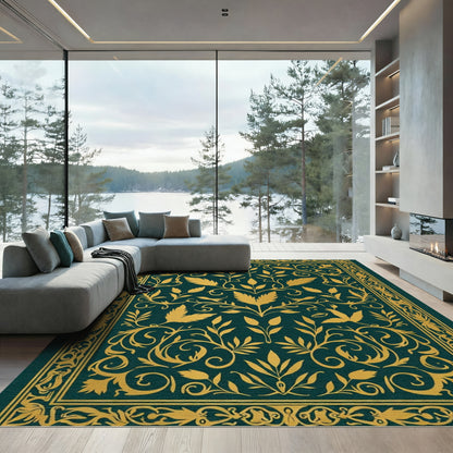 Gold Leaf Flourish on Deep Green Rug