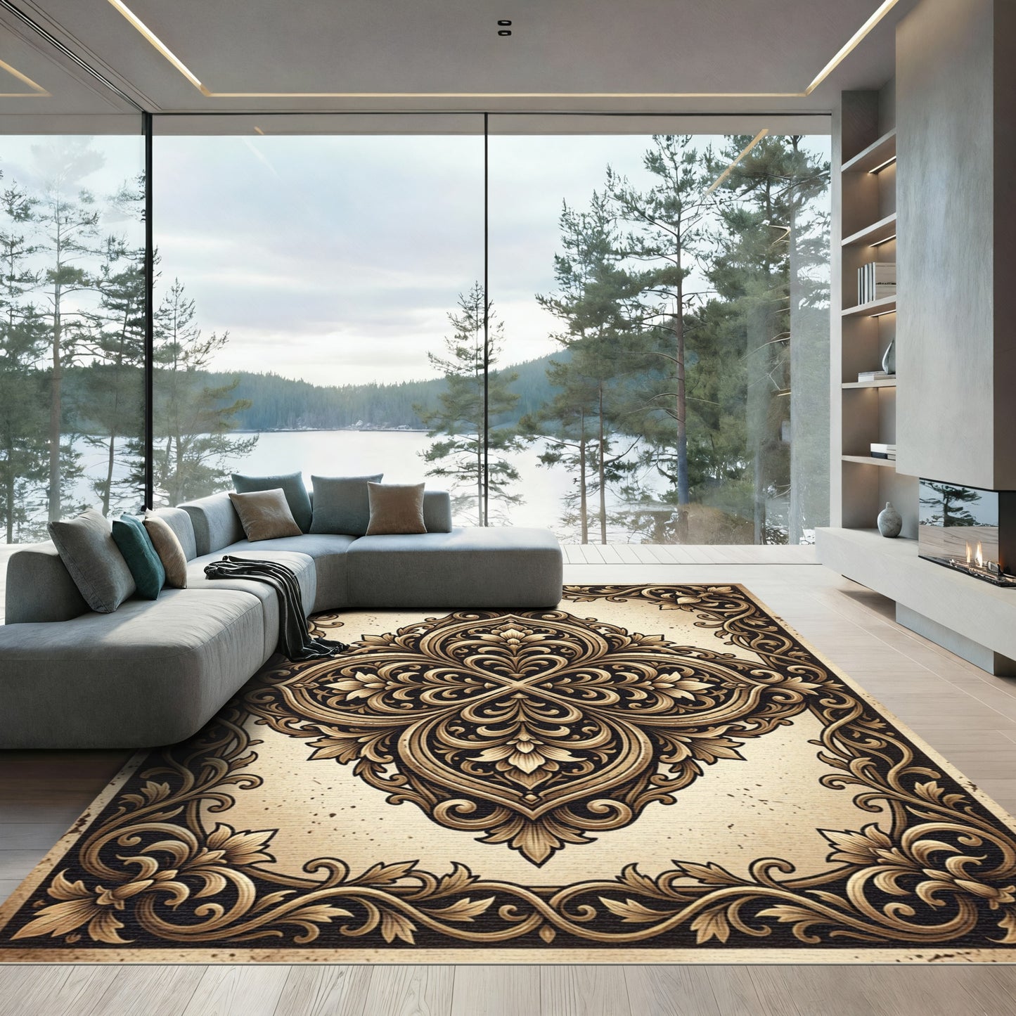 Luxe Gold Elaborate Floral Lace Rug