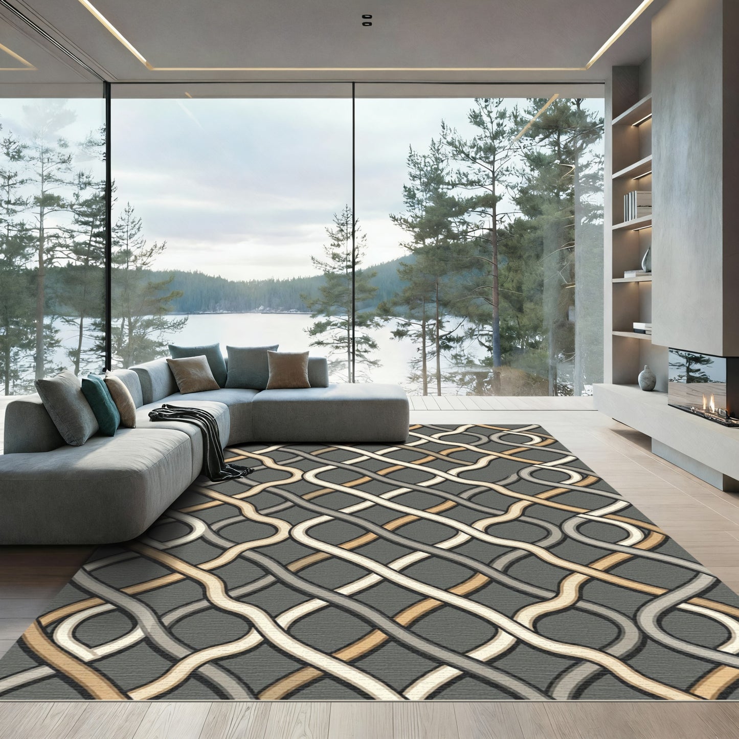 Interlocking Gray Cream and Tan Woven Links Rug