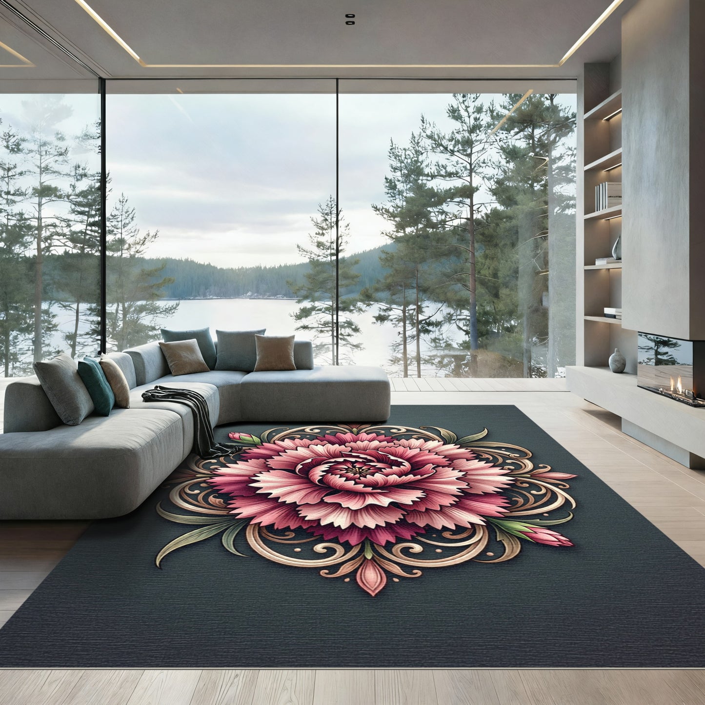 Pink Peony Medallion With Golden Swirls Rug