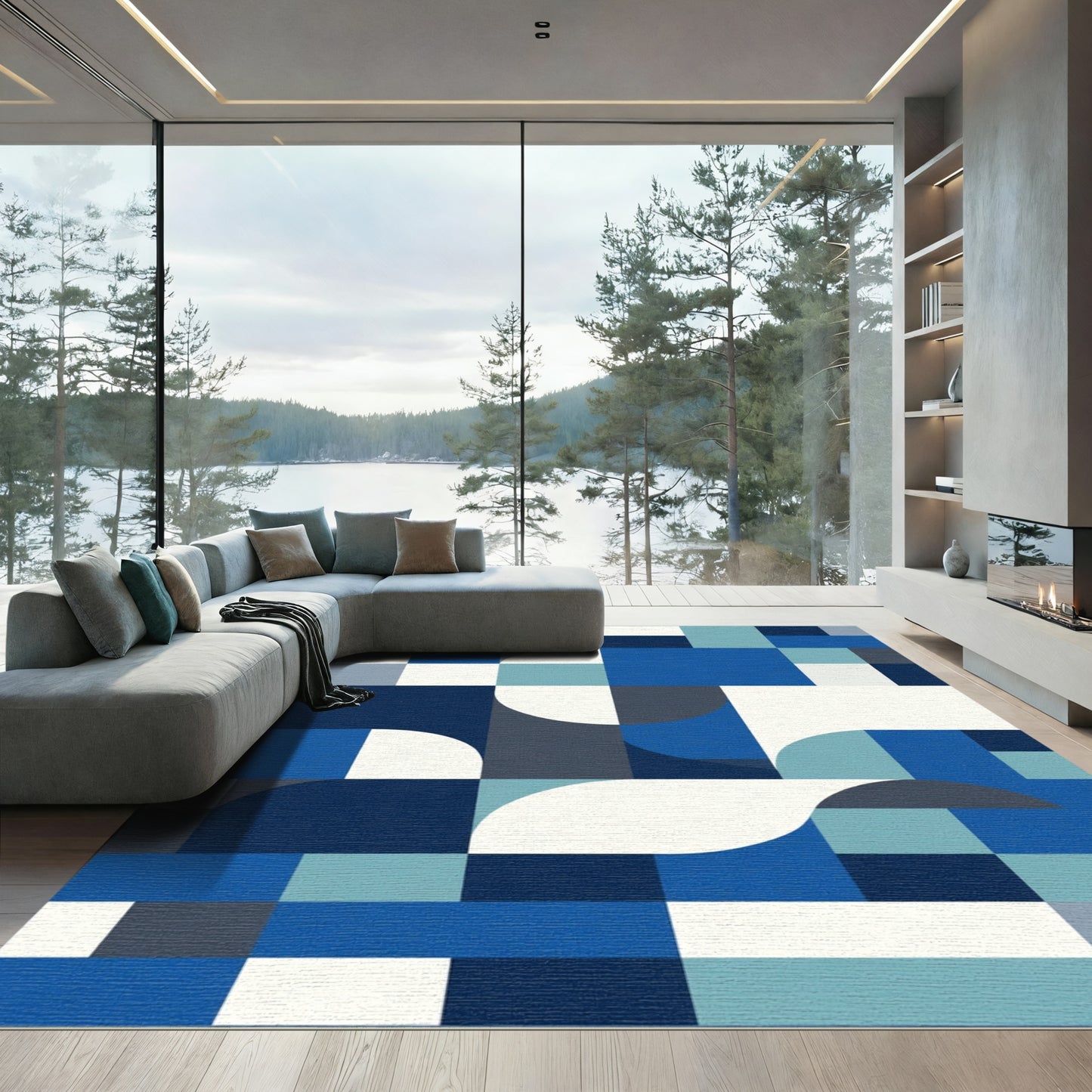 Modern Blue Geometric Curve Blocks Rug