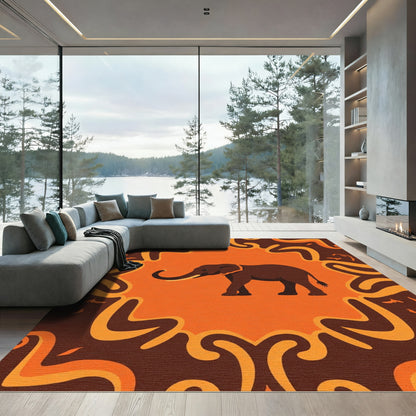 Bold Brown Elephant Orange Border Rug