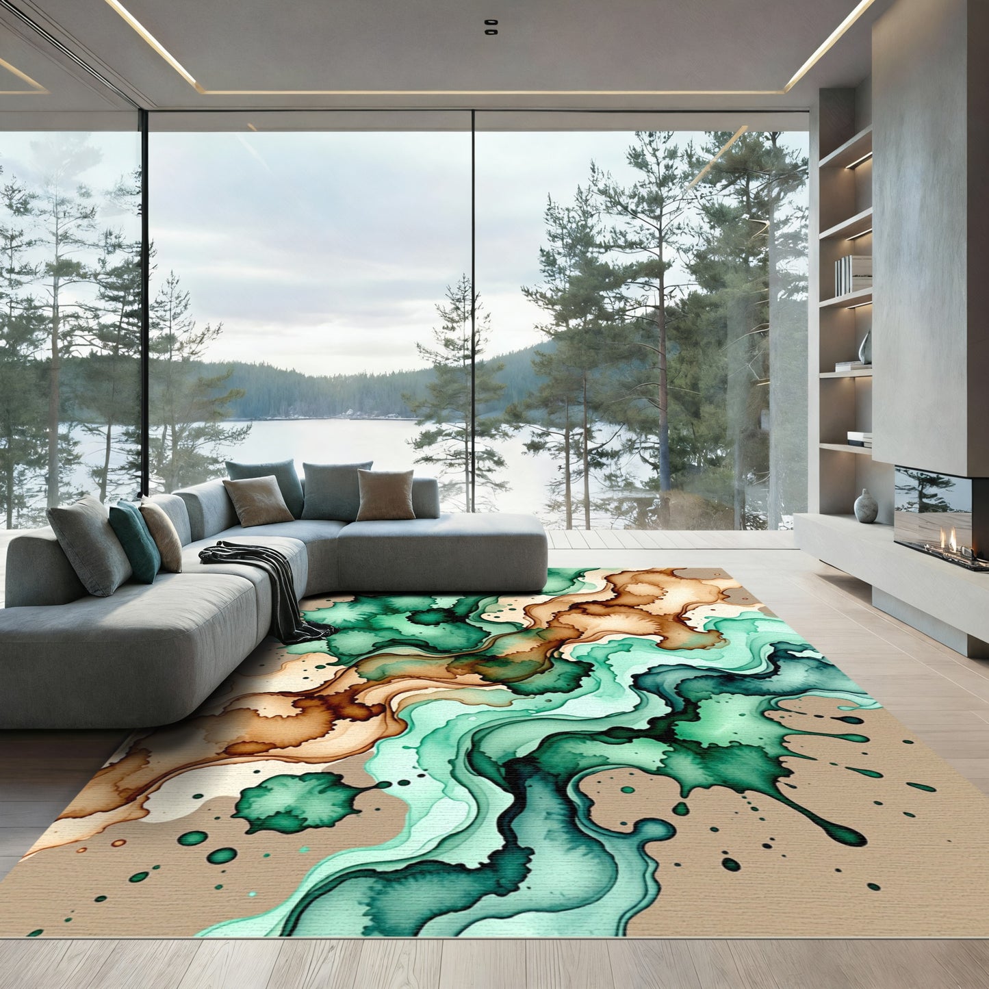 Abstract Teal and Earth Tone Ink Rug