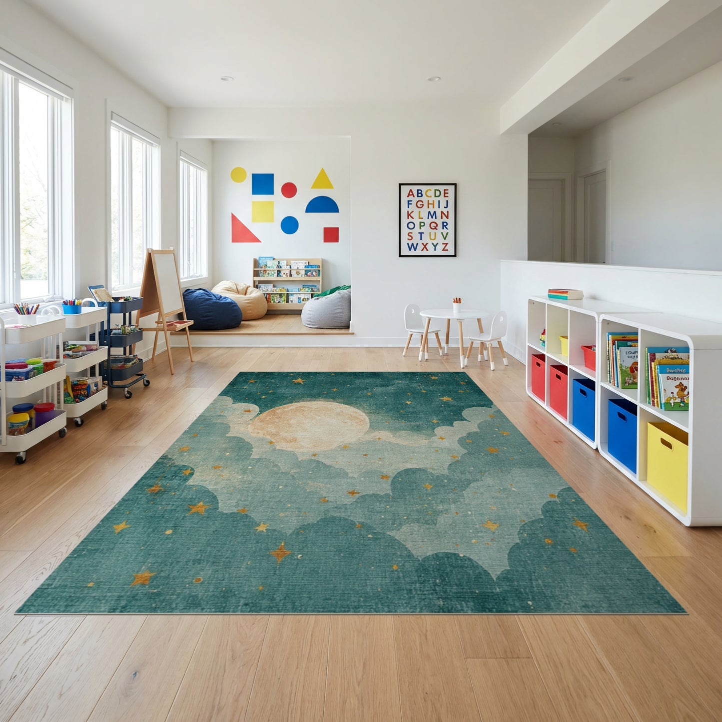 Teal Whimsical Stars Moon Clouds Rug