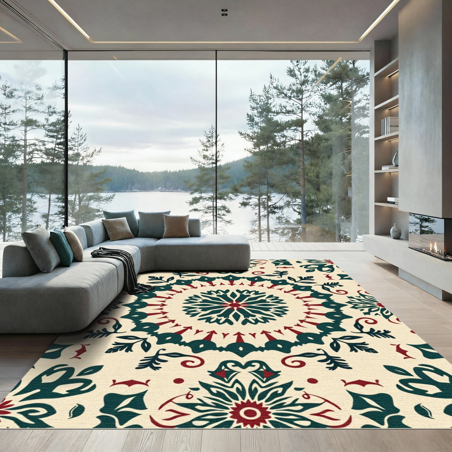 Cream Red Teal Folk Medallion Rug