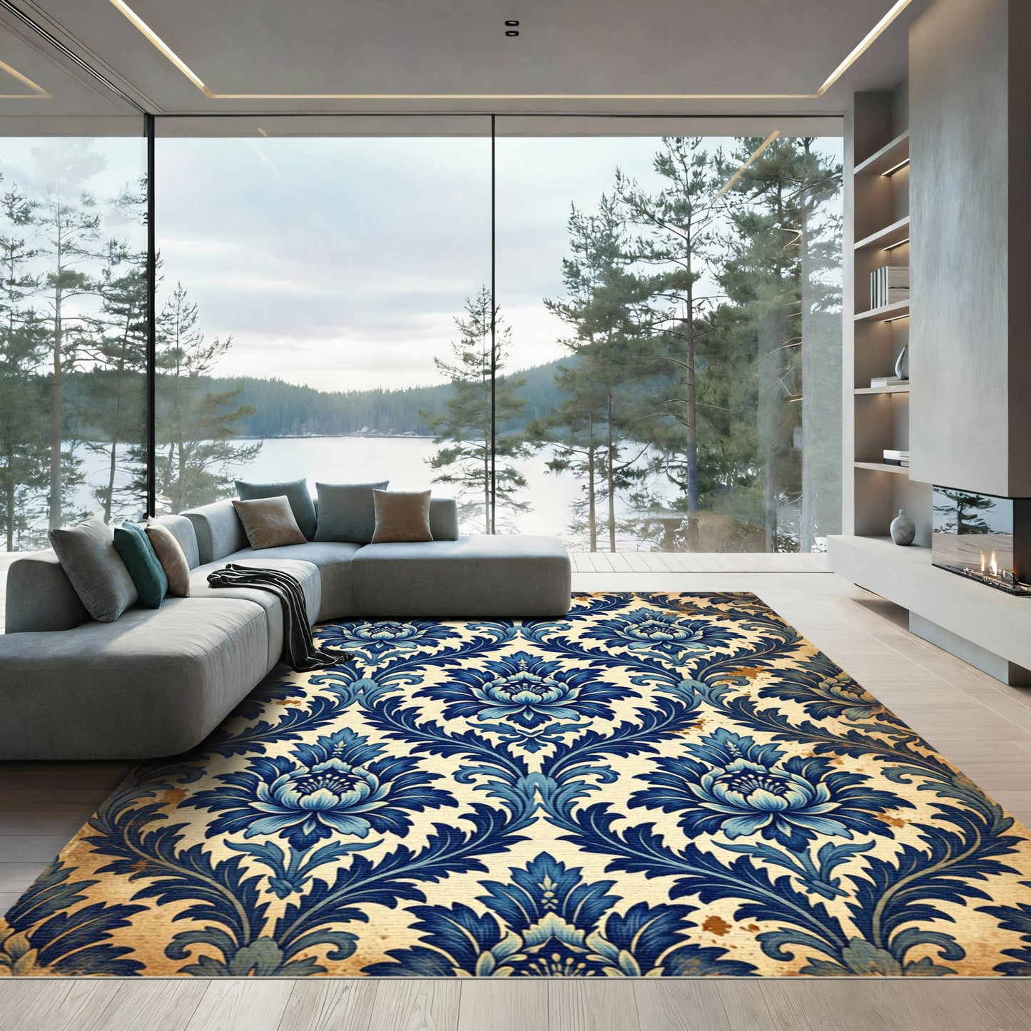 Vintage Indigo Floral Damask Scroll Rug