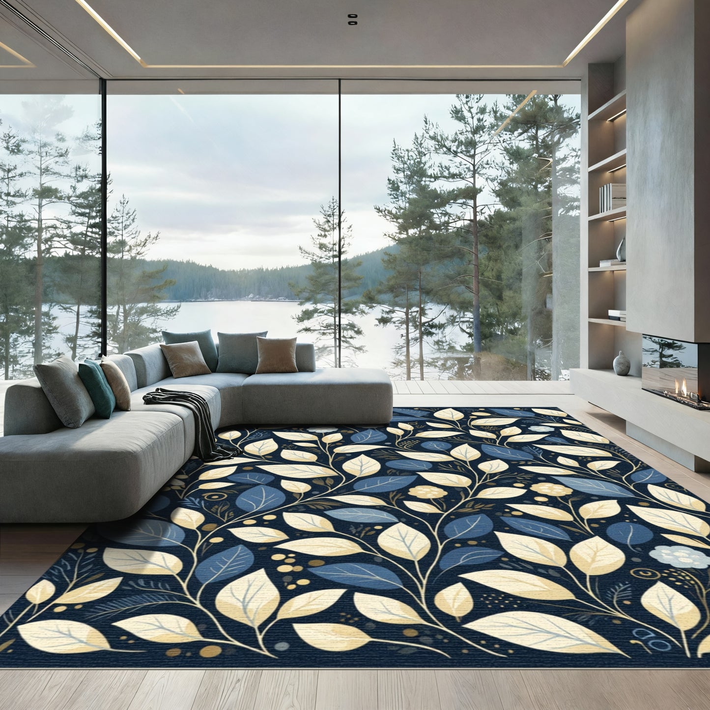 Navy Blue Cream Leafy Vine Rug